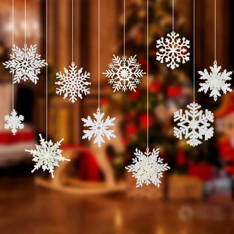 Large Plastic Christmas Snowflakes Decorations Glittered Hanging Snowflakes for Christmas Tree Decorations