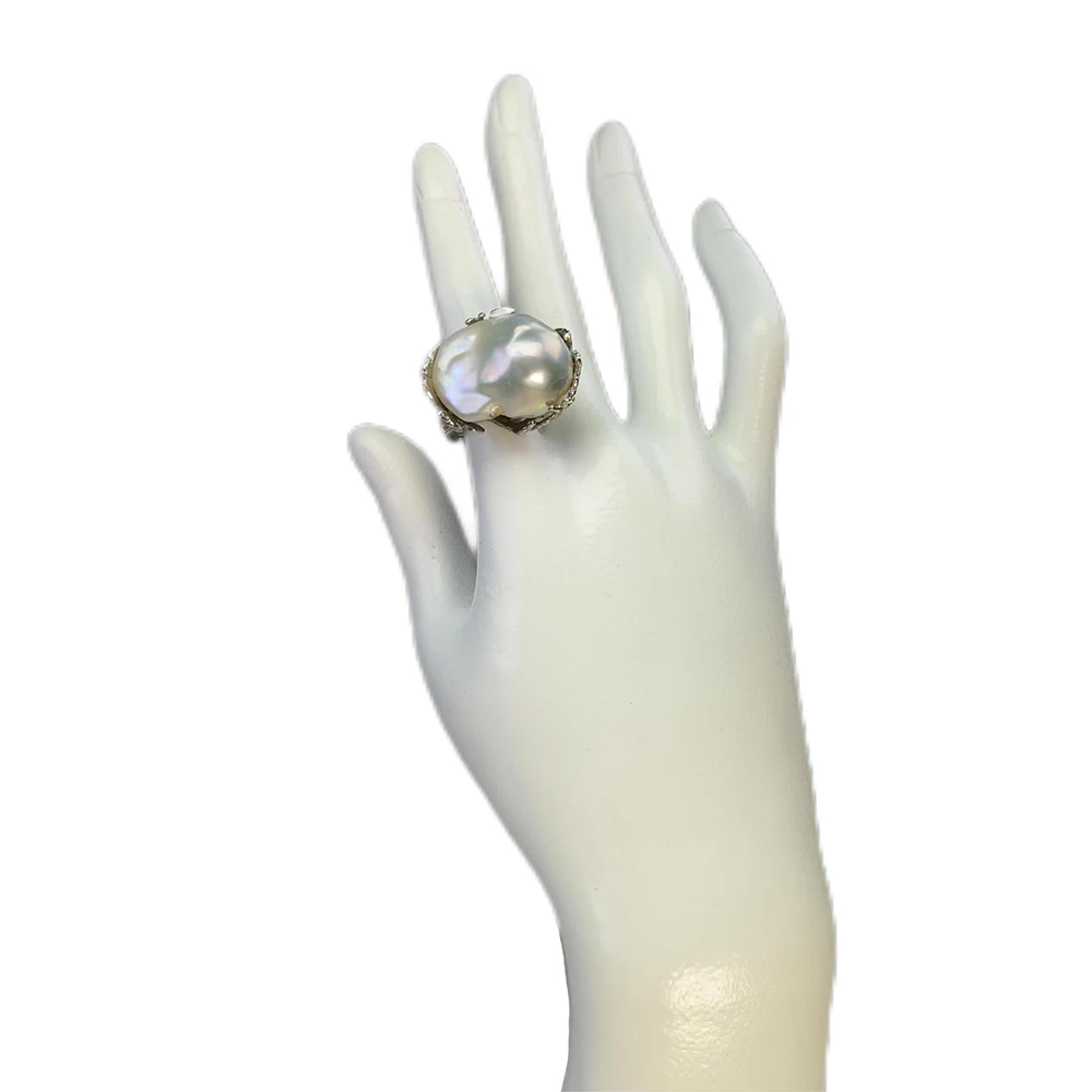 New Classic Design 17-20mm Natural Pearl Jewelry Gifts For Women S925 Sterling Silver Big Baroque 5A Aurora Pearl Rings