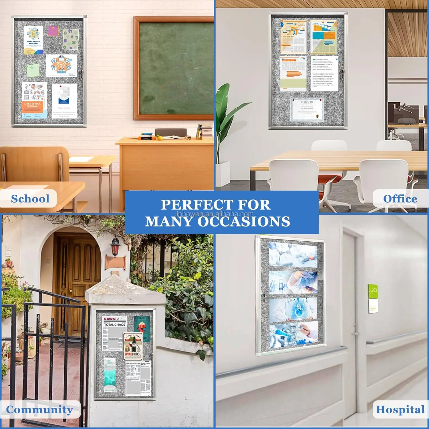 KBW 36x24 inch School Office Hotel Enclosed Bulletin Pin Fabric Boards Tamperproof Notice Case for Message Memo Photo Grey