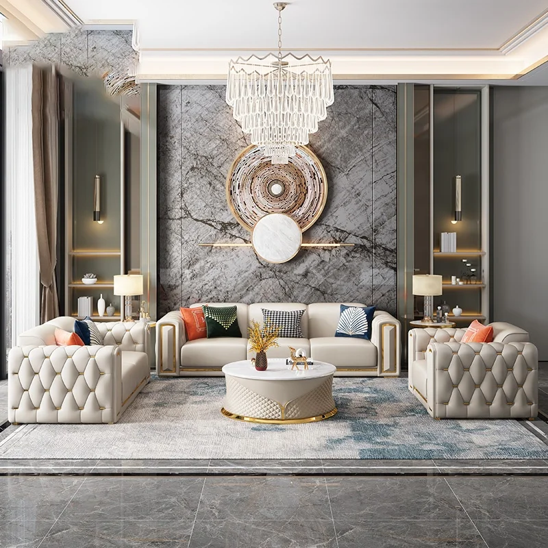 MEIJIA Factory directly sale luxury Minimalist modern European living room tufted iron frame 3 2 1 white microfiber leather sofa