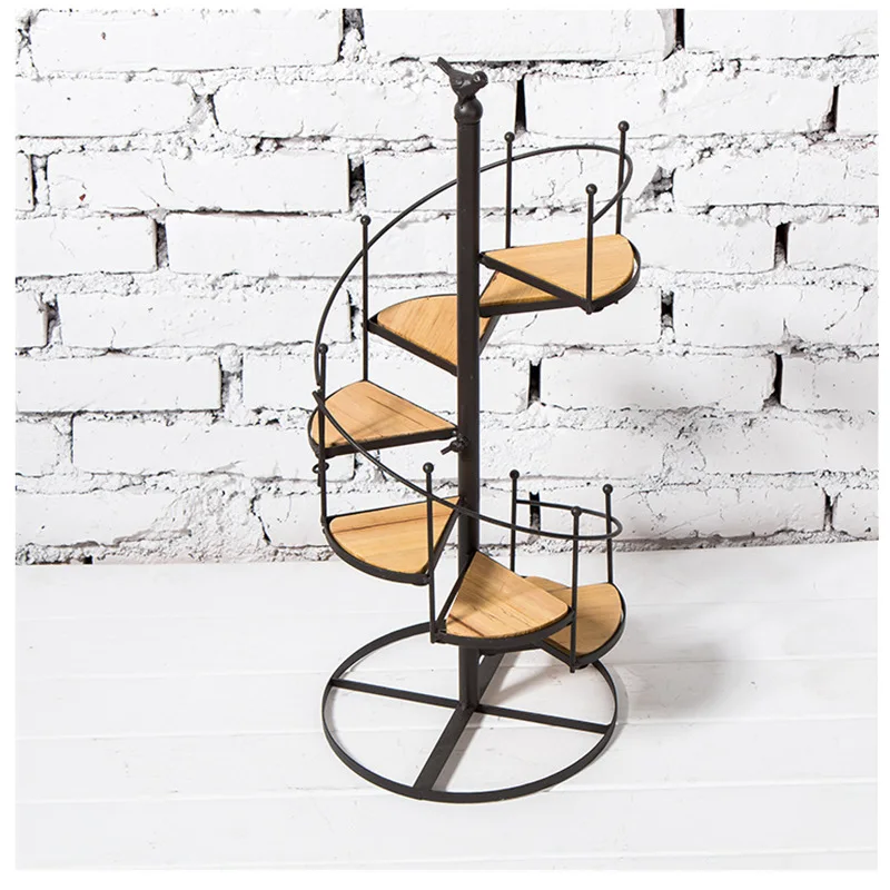 European style wrought iron flower stand solid wood shelf rotating multi-layer ladder balcony living room staircase flower pot