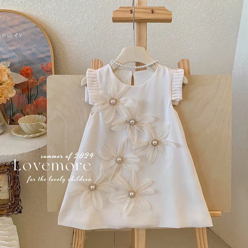 2024 New Fashion Toddler Girl Pearls Flowers Sleeveless Beige Dress 2-6 Years