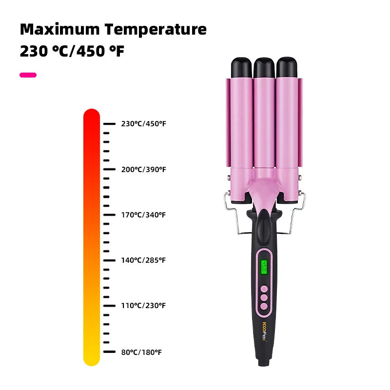 KooFex LCD Display Fast Heating Ceramic Hair Curler 450F Three Barrels Hair Curling Iron