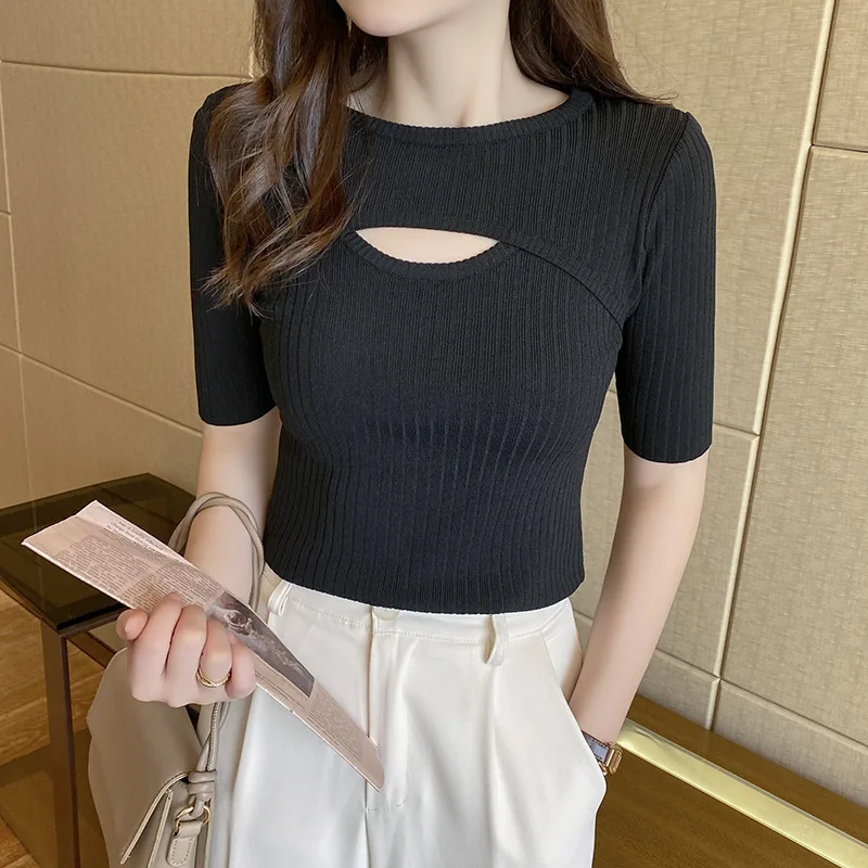 Fashion Thin Ice Silk Cut Out Women 3/4 Sleeve Cropped Crew Neck White Slim Fitting Knitted Sweater custom clothing packaging