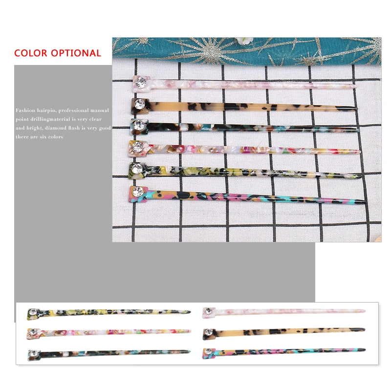 Chinese Style Hair Chopsticks with Rhinestone Custom Tortoiseshell Acetate Hair Forks Women Styling Hair Sticks