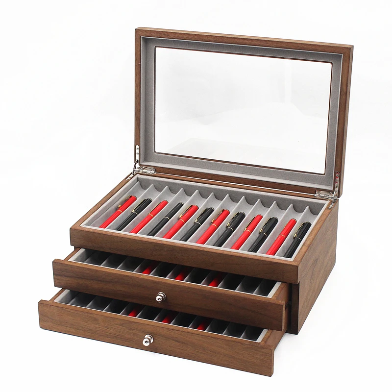 High quality luxury ink pen box with drawer 34 slots walnut wooden pen display storage case