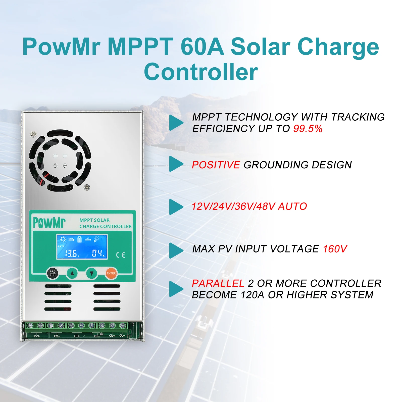  PowMr 12v 24v 36v 48v со слежением за максимальной точкой мощности 60A Солнечный контроллер заряда Максимальная PV 160V для геля или lifePO4 батарея