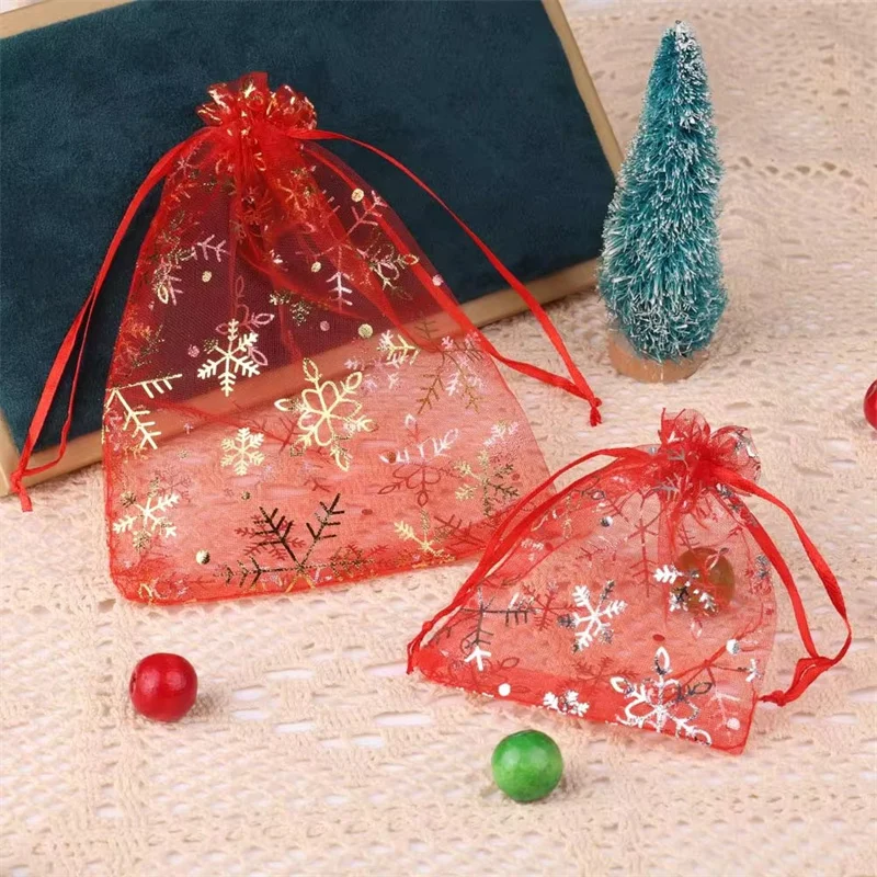 7*9cm Organza Drawstring Handle Wedding Candy Pouches for Christmas Snowflake Gift Packaging