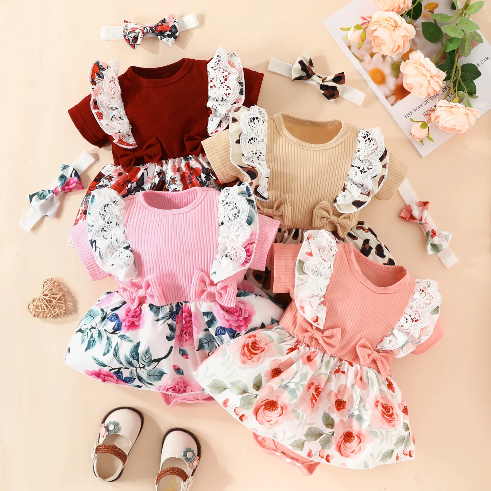 new born baby gift set cotton babies clothings Bowknot Headband Donut Print Cotton Floral Baby Romper For Photo Shoots BRDR-002