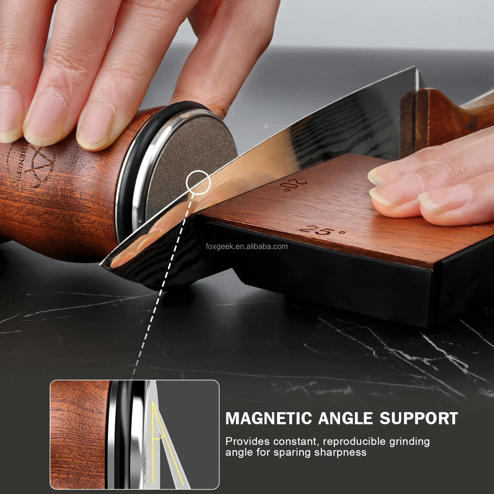 Custom Manual Rolling Knife Sharpener Set 4 Multi Angles Magnetic Kitchen Wooden Knife Base with Diamond Ceramic Discs