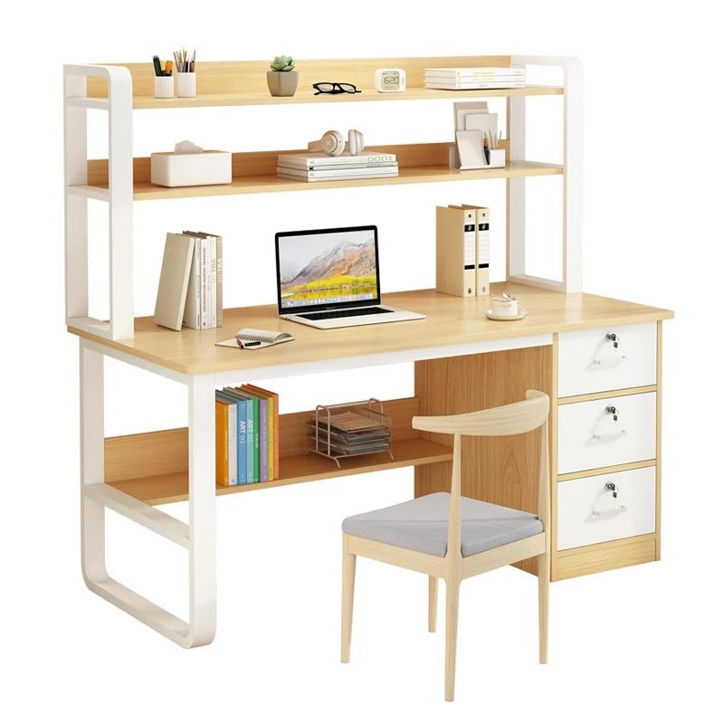Modern Furniture Metal And Wooden Computer Table And Student Study Writing Desk With Drawer and Bookshelf For Home Office