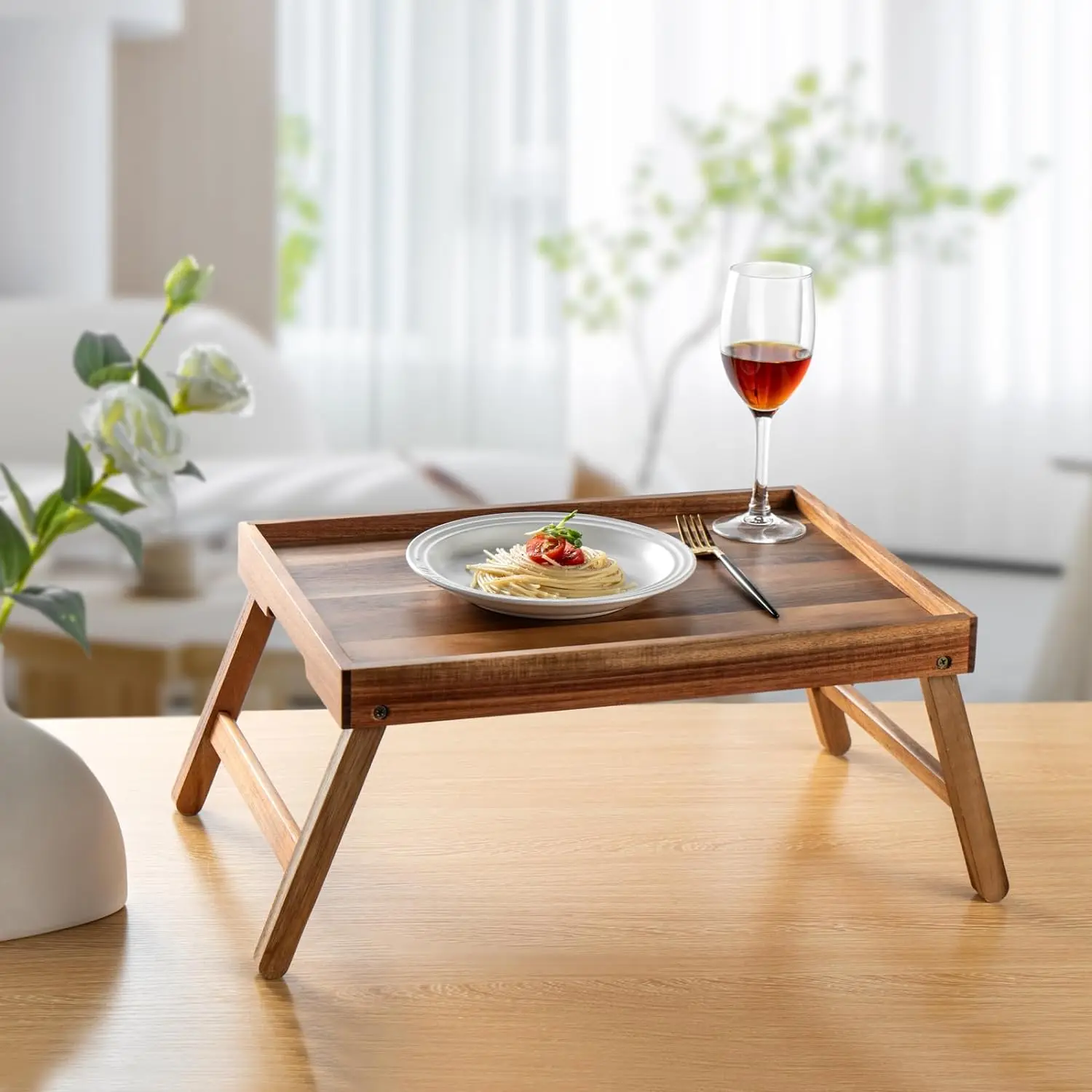 Wood Bed Tray Table with Foldable Legs Breakfast Tray for Sofa Bed Wooden Tray Bed Table