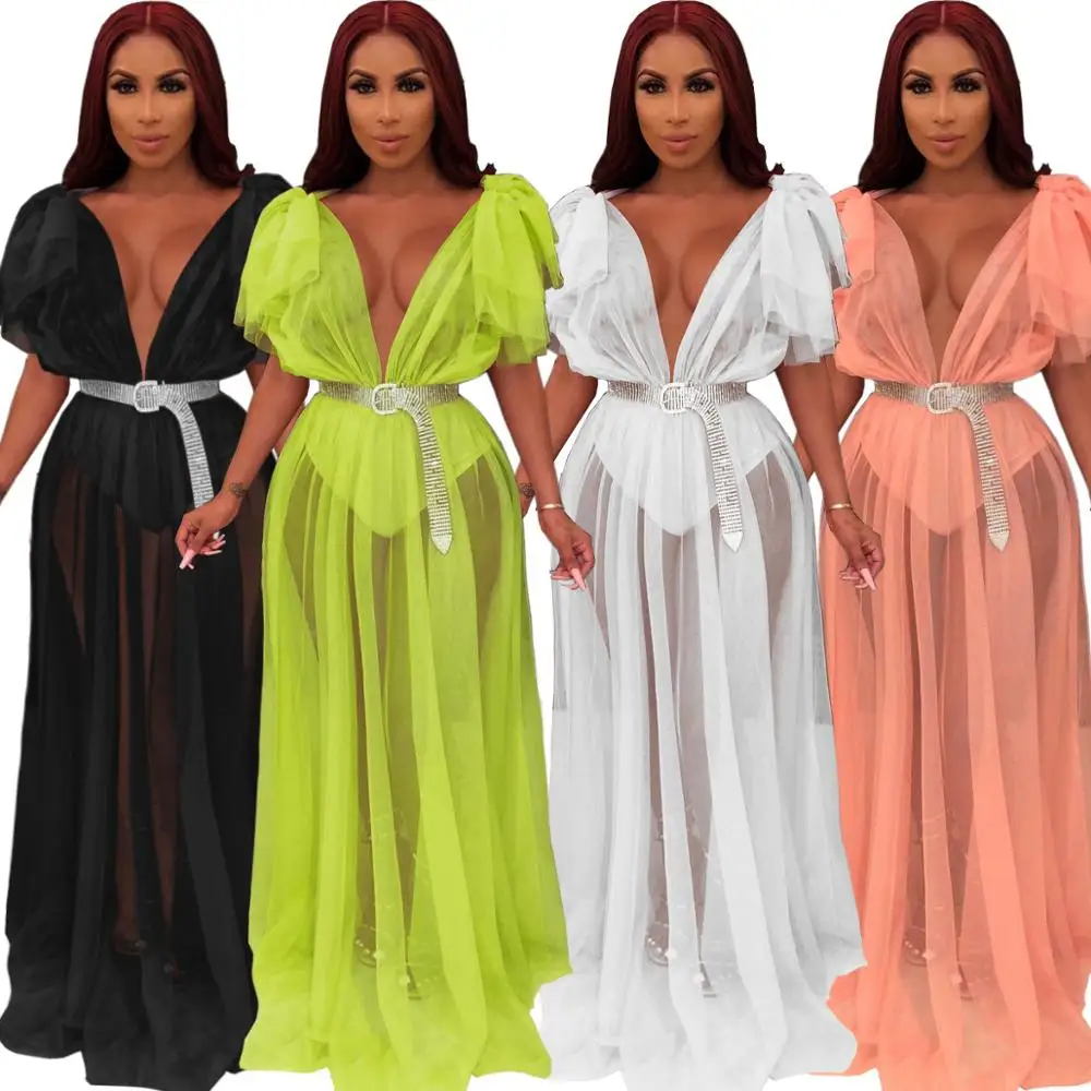 
Hot Sell Fashion Deep v-neck Solid Color Woman Sexy Mesh See Through Club Dress 