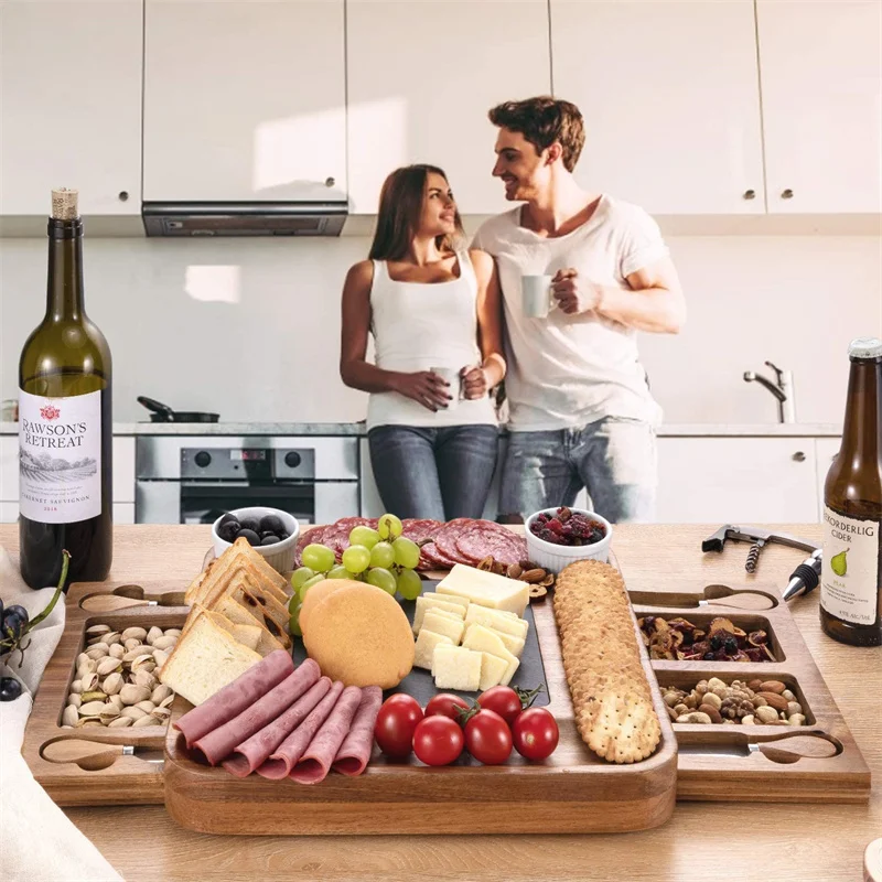 Hot Sales Square Acacia Wood Charcuterie Cheese Board with Stainless Cutlery and Slide-Out Drawer