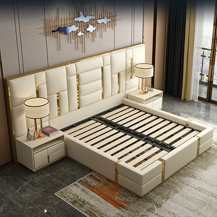 Italian ultra modern super king size genuine luxury leather bed with storage and long