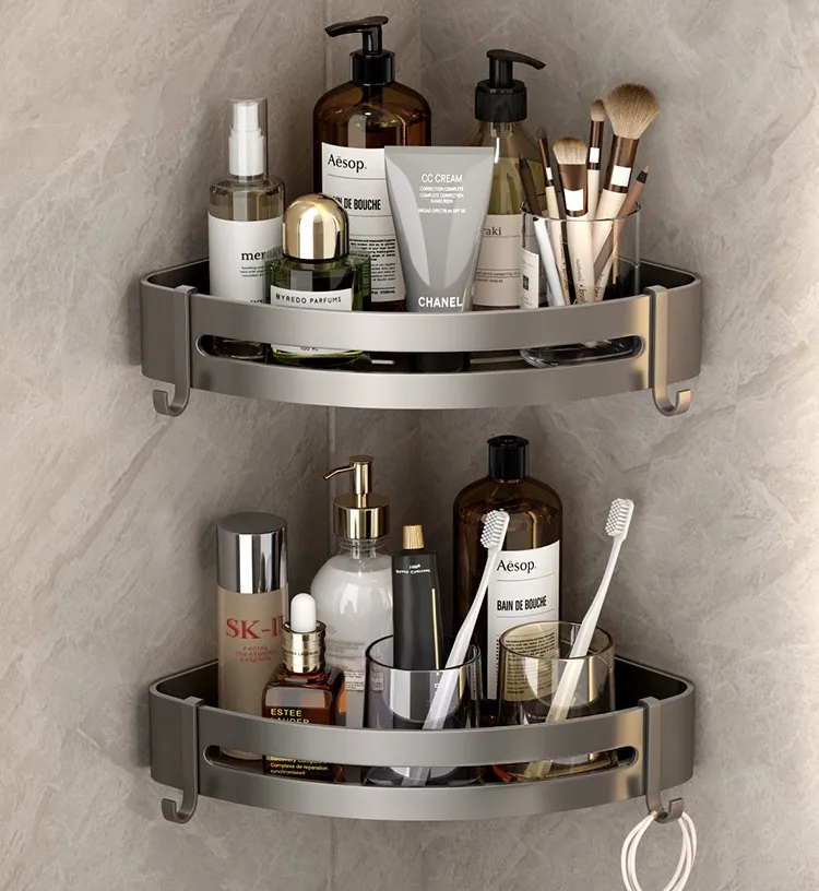Wall mounted Aluminium bathroom organizer corner rack shelves with hooks shower basket towel rack shelf for bathroom bedrooms