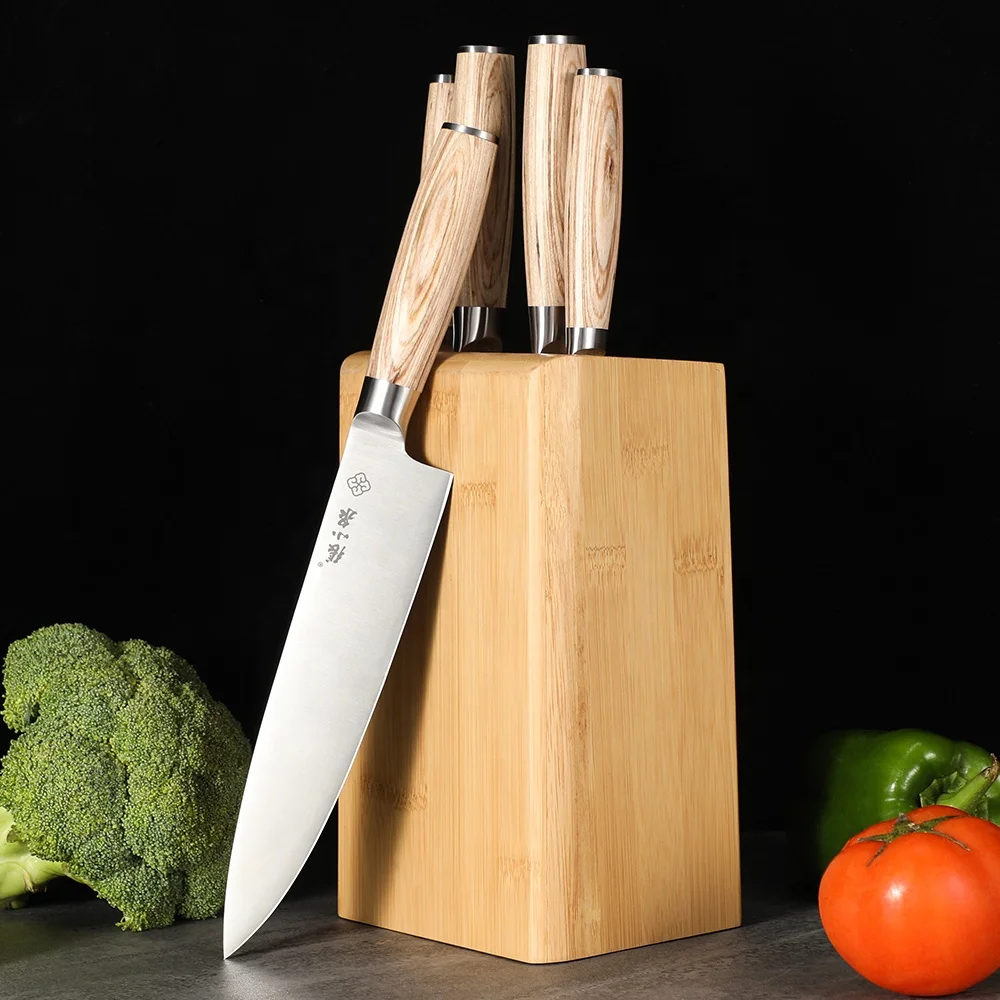 Hot Sale Custom Logo 5 Pcs Acacia Wood Handle Kitchen Knife Sets Stainless Steel Knife Set