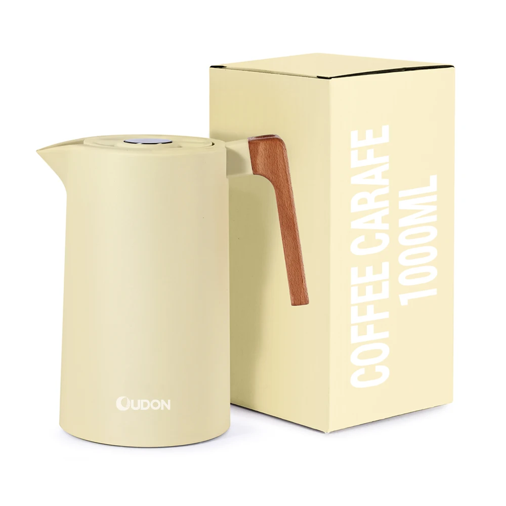 Stainless Steel Liner Wooden Handle Coffee Pot Thermos Flask with Press Button Lid