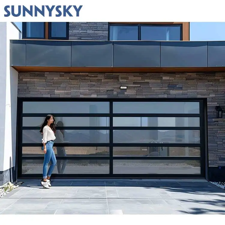 Sunnsky New Design Modern aluminum tempered full view glass garage door price mirror plexiglass panel garage doors