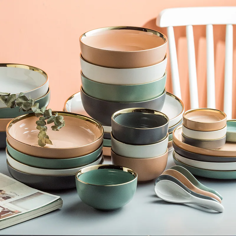 Nordic ceramic tableware set household bowls and dishes creative light luxury gold edged bowls soup plates