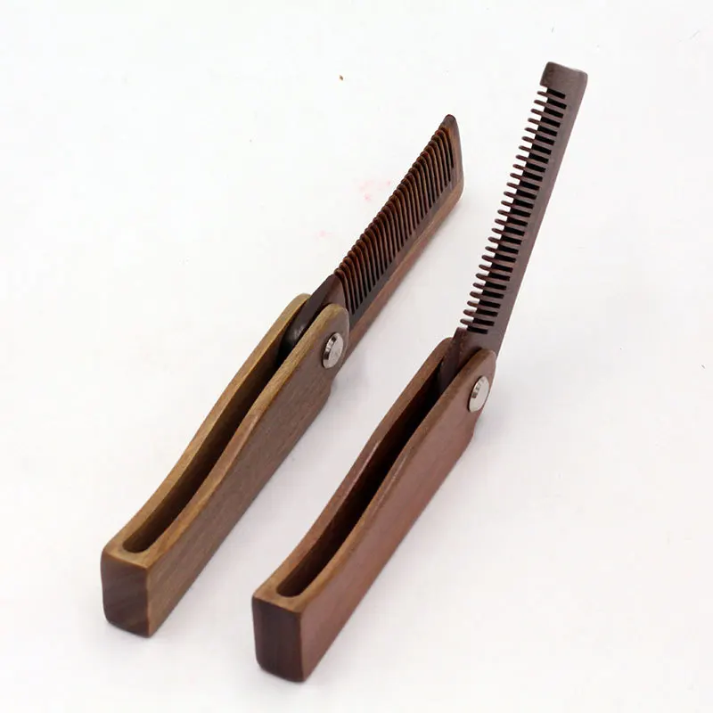 Wholesale custom logo mens wooden folding pocket sandalwood beard comb