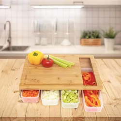 Multi-functional Bamboo Cutting Board With 4 Container Tray Kitchen Wooden Chopping Board With Storage Box