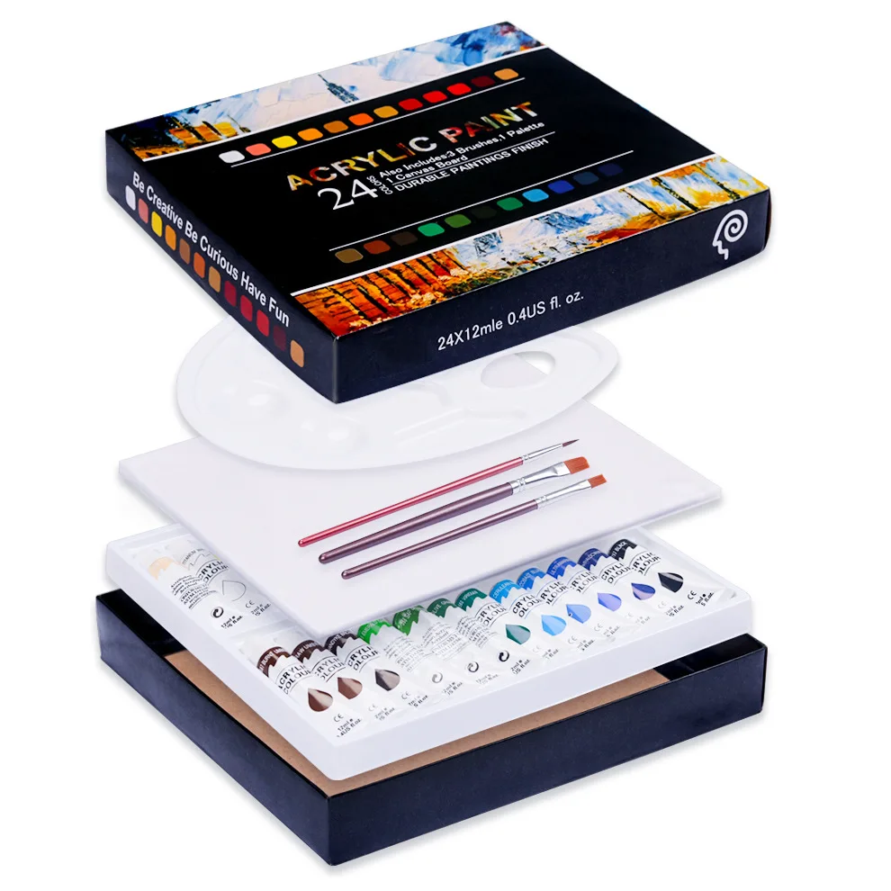 Набор из 24 оттенков пигмента Нетоксичная моющаяся акриловая краска для детей с 3 кистями 1 палитра и холщовая