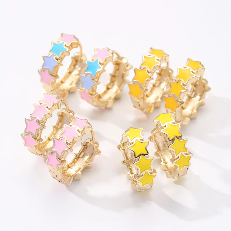 Trendy Stars Pattern Enamel Earrings Wholesale Handmade Gold Plated Huggie Hoop Earrings Jewelry