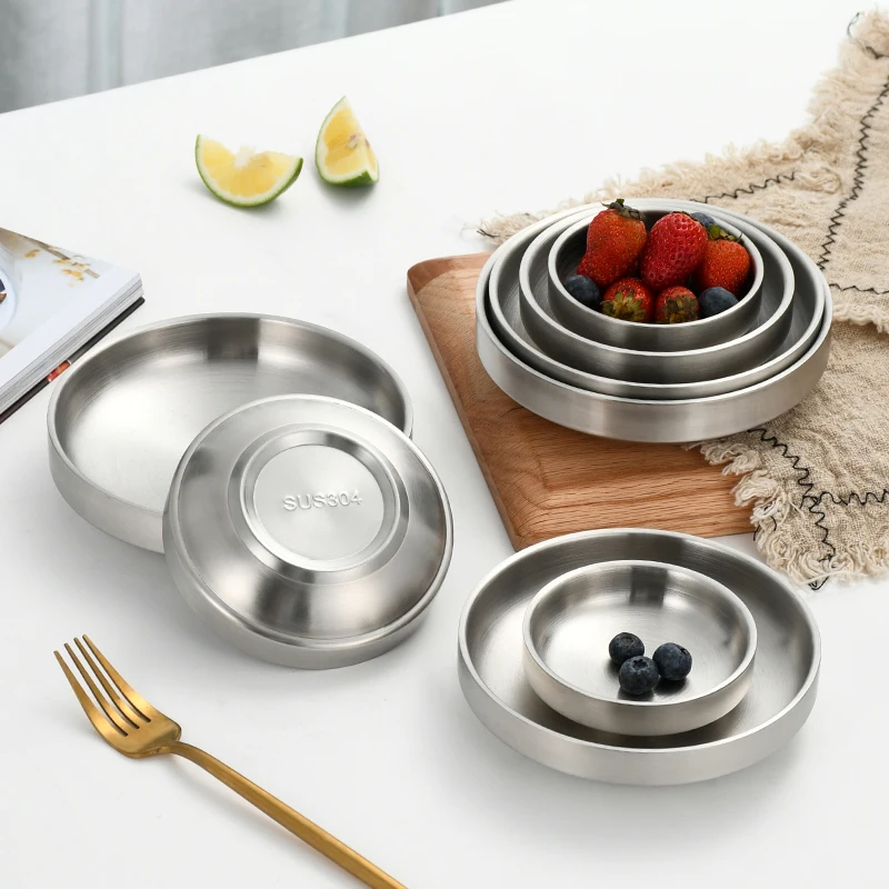 Kitchen tableware Korean kimchi Round Small Dish double layer Stainless Steel sauce seasoning round dinner bowls