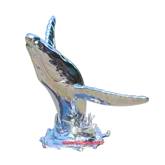Indoor outdoor Decor design Sculpture marble base metal Stainless Steel Whale Fish statue