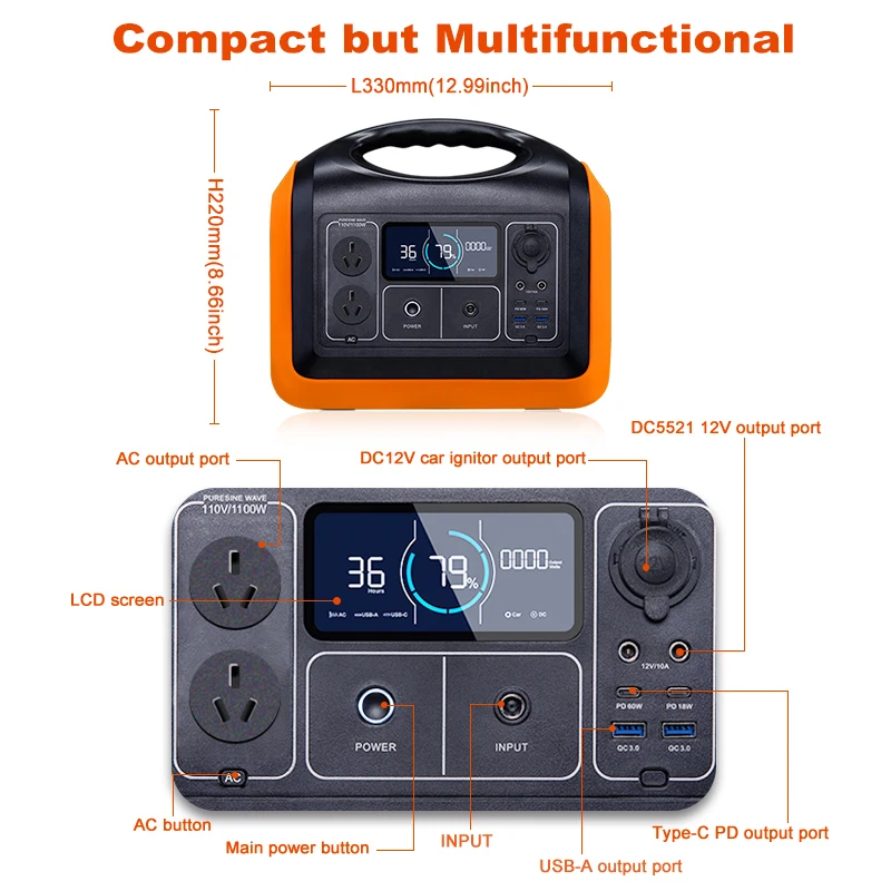 AU No gasoline No noise Campers RVs LiFePO4 lithium generator Portable 1100W 230V Australia Solar Generator