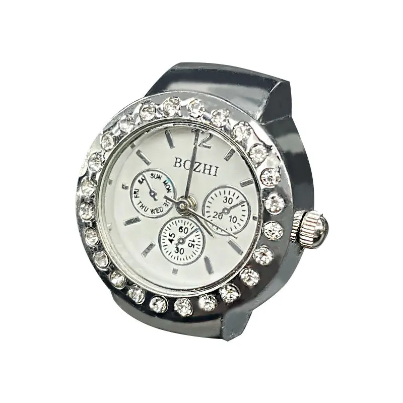 Custom logo Finger Watch Ring Dial Quartz Elastic Watchband Steel Mini Watches Ring With Extra Battery