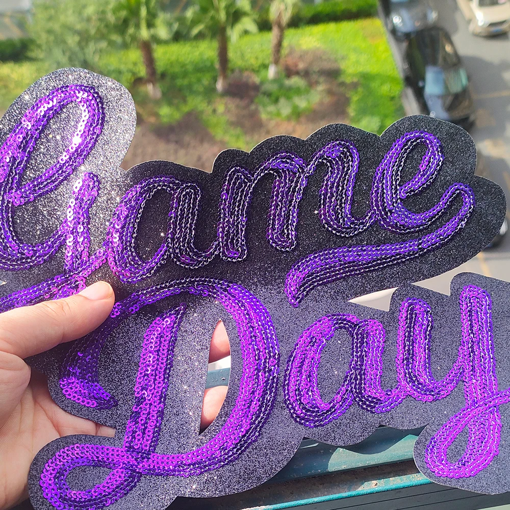 High quality pet patch silver glitter royal blue black sequin paw print iron on game day glitter sequin patches for clothing