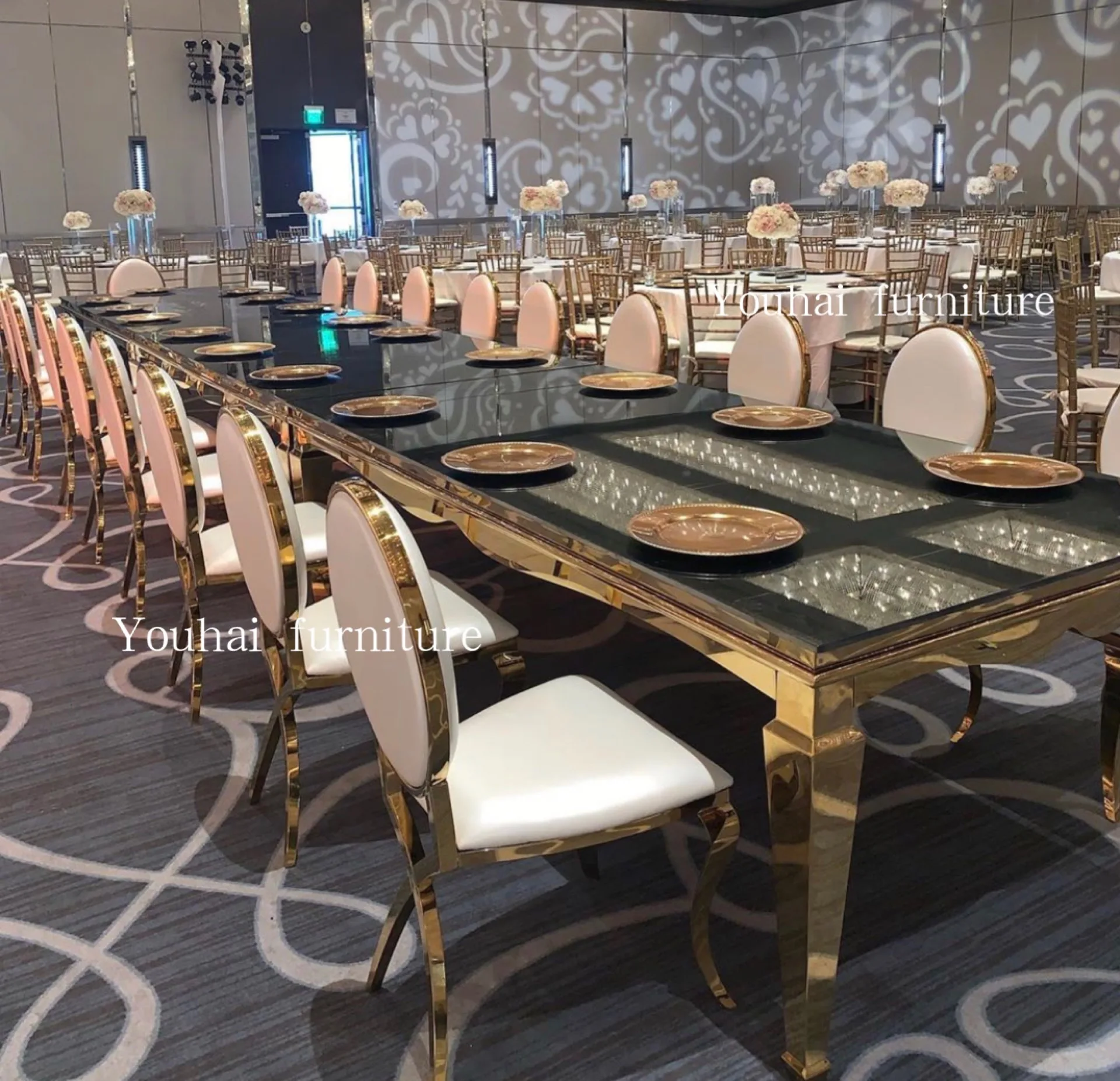 Luxury gold wedding furniture rectangular stainless steel base event banquet table for sale