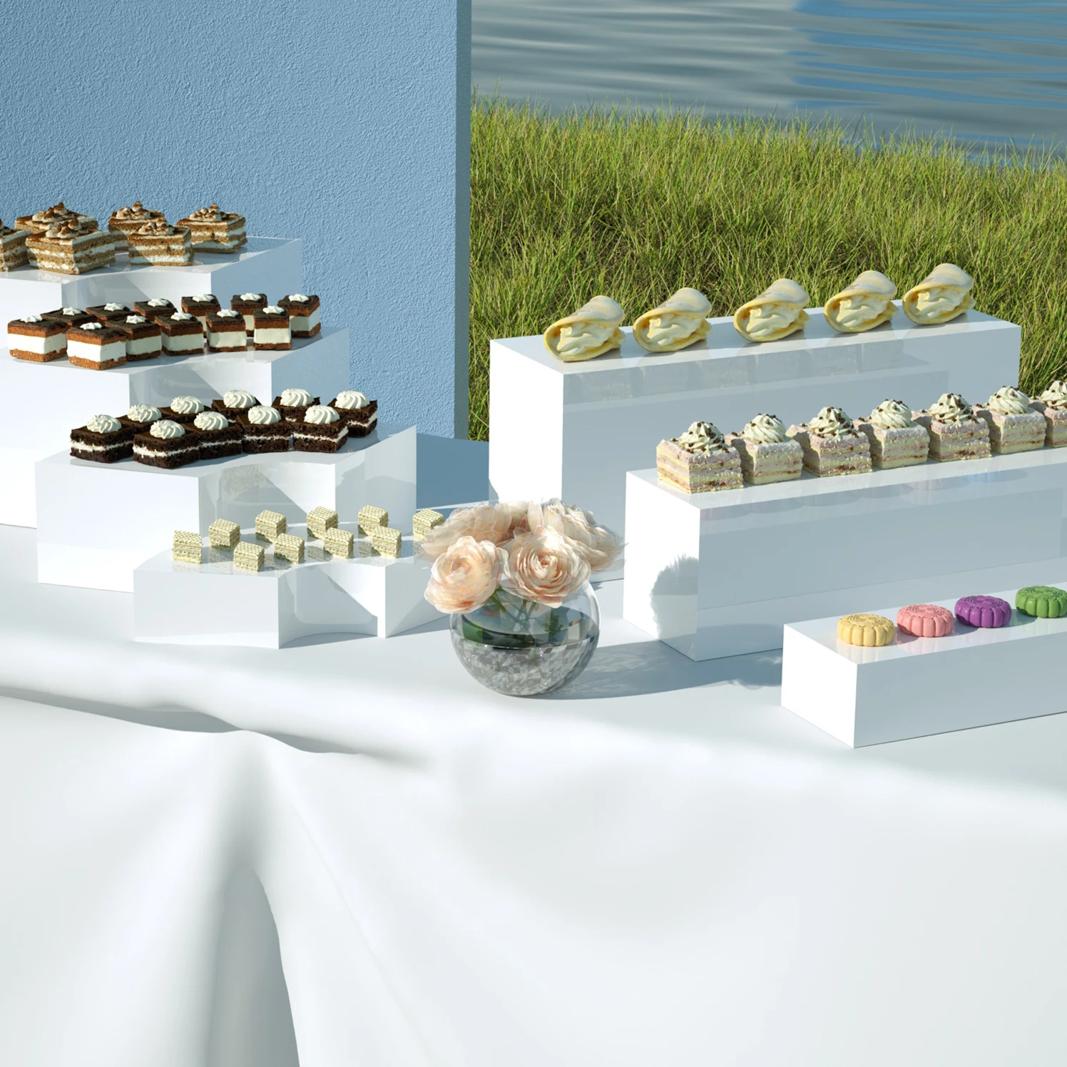Wedding Party 7PCS Set Black White Acrylic Buffet Display Nesting Cube Food Display Acrylic Risers for Wedding Party