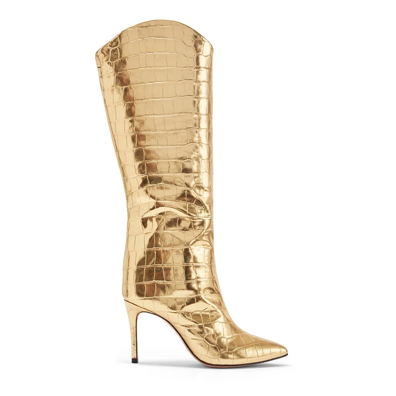 2022 hot sale fashion trend golden crocodile print PU leather knee high winter women high heel boots