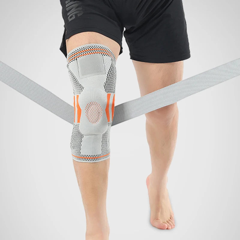 Compression Protection Patella Knee Silicone Pads Support Bar Grey Cross Straps 3D Knitted Elastic Knee Brace Sleeves