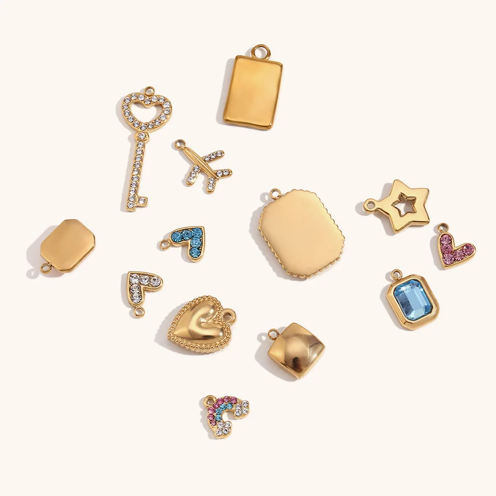 Bestone Shining 18K Gold Plated Colored Zircon Charm Heart Rainbow Stainless Steel Charms Accessories