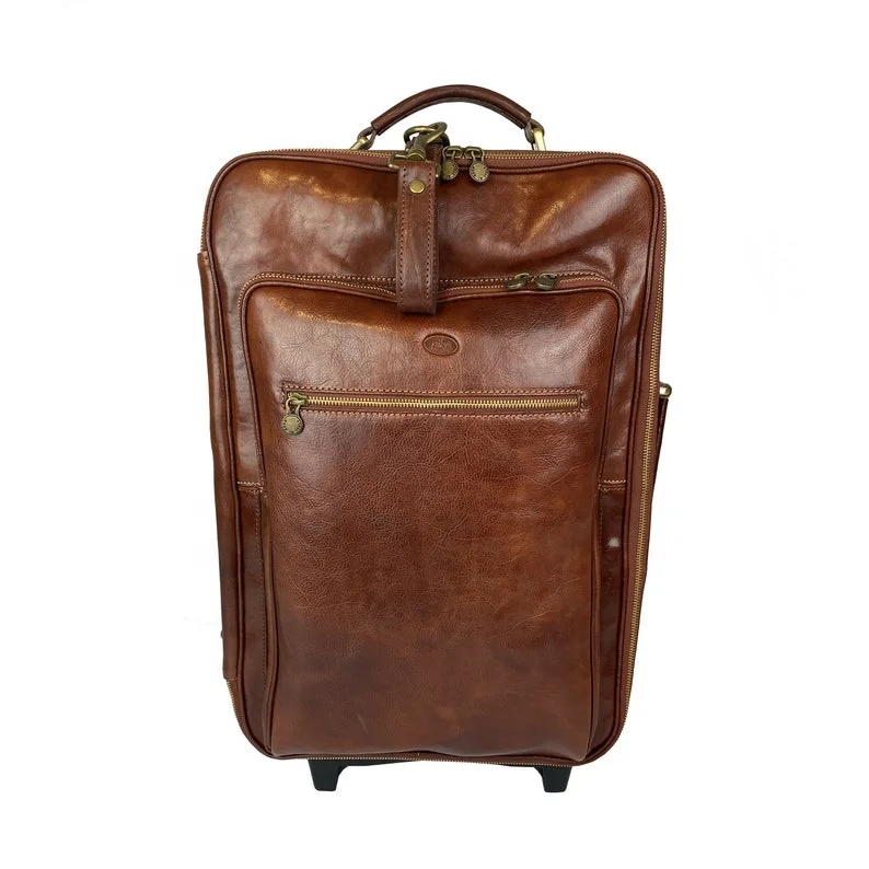 Trolley Travel Suitcase Highest Quality Leather Duffle Bag Brown Wheels and Handle