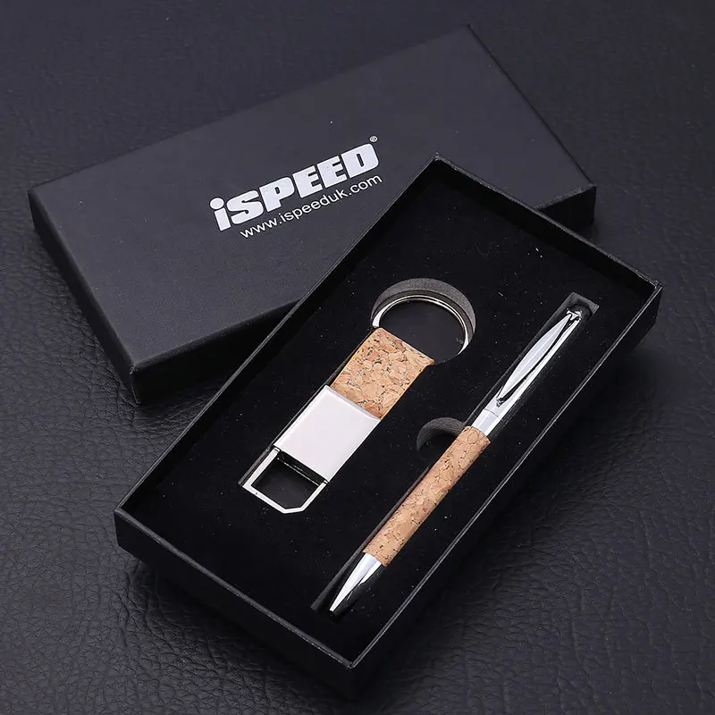 New Style Various Design Gift Set Box Leather Metal Pen Key Chain Gift Office Leather Metal Ball Pen And Keychain In Box Set