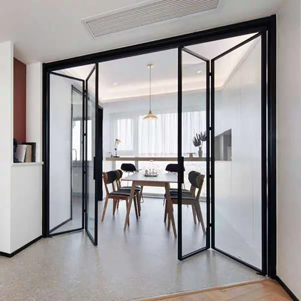 Алюминиевая узкая рама двойного сложения без нижней рейки Складная дверь дизайн открытые внутренние раздвижные стеклянные двери для внутреннего дворика
