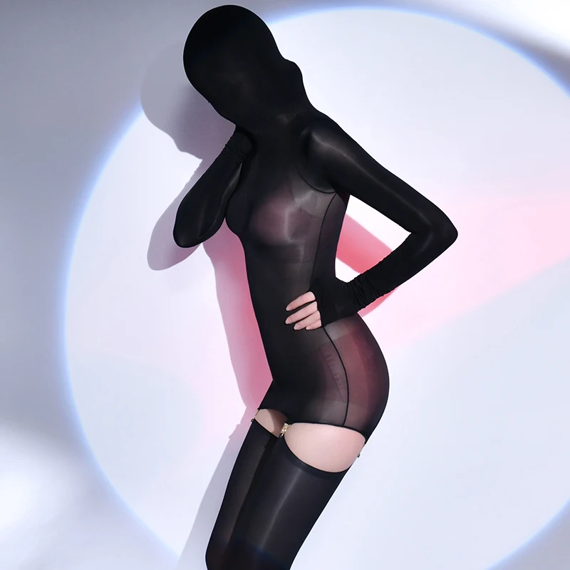 ladies bodystockings oil shiny thin transparent crotchless thin silk full body stocking sexy lingerie jumpsuit black
