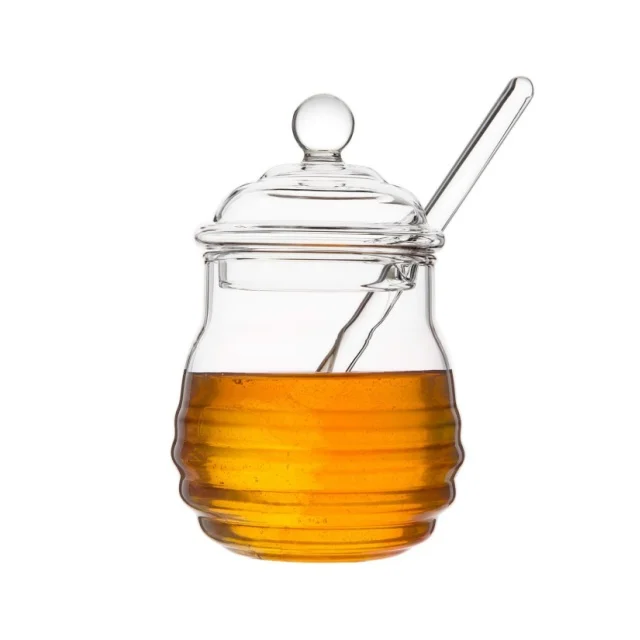 Honey Dispenser Glass Honey Jar with Spatula and Lid for Home Kitchen 9 oz