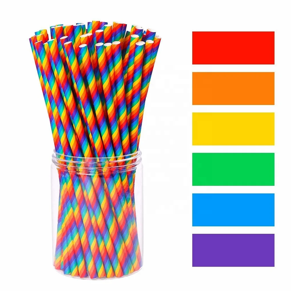 6*210mm 8*197mm Christmas Decoration Rainbow Paper Drinking Straws