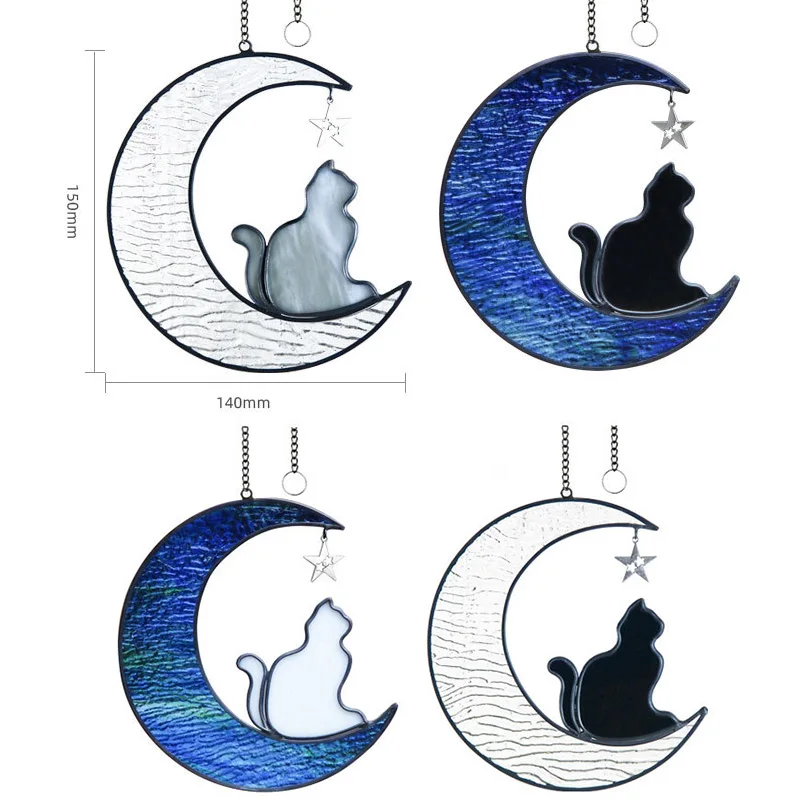 stained glass material sun catcher Windows decoration Moon Star cat  Hanging crafts pet loss gift