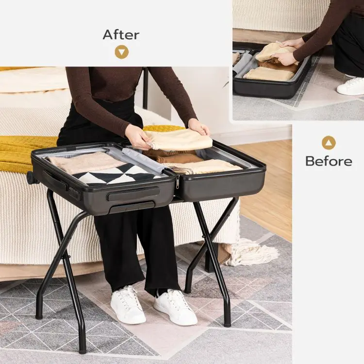 Wholesale Folding Luggage Rack Suitcase Stand with Fabric Storage Shelf Double Tiers Metal Luggage Holder  for Guest Room