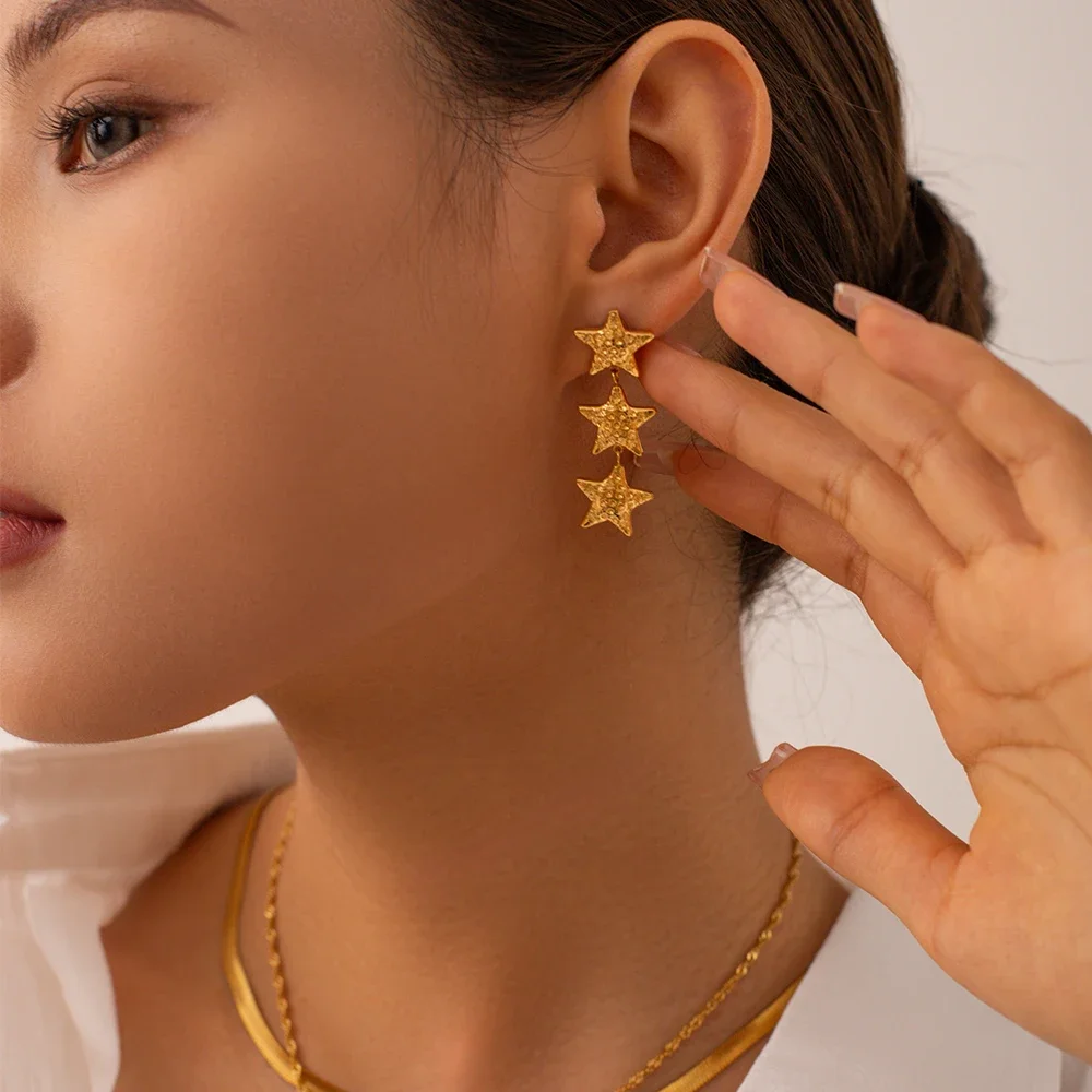 New Arrival 18K Gold Plated Stainless Steel Star Earrings Women Beautiful Style Waterproof Texture Bump Three Stars Drop