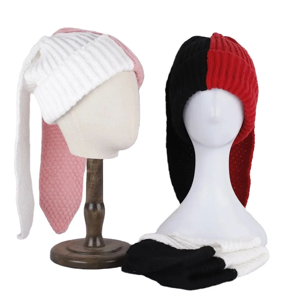 New niche personality autumn and winter warm and fashionable windproof and cold-proof color-blocked long bunny ears knitted hat