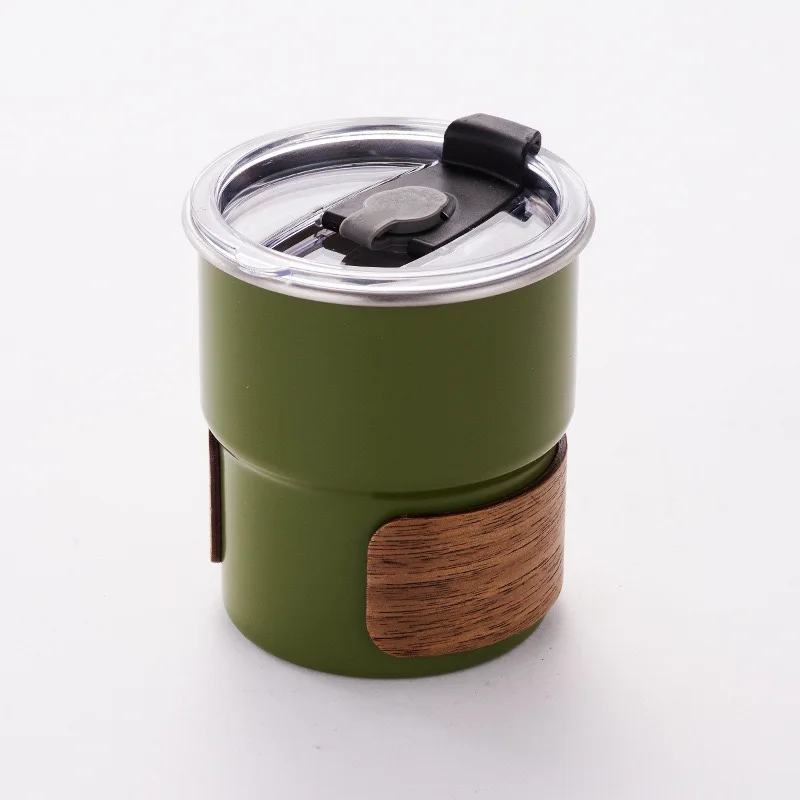 Custom logo Mini Stackable Coffee Tea Cups Drinking Single Wall Wine Beer Mug with Wood Holder Straw Lid Wooden Cup Sleeve Water