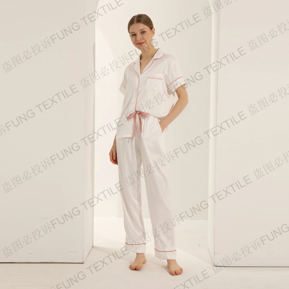 FUNG 6028 Womens Pajamas Set Short Sleeve Two-Piece Pjs Silky Sleepwear Nightwear